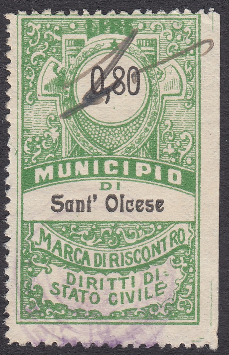 Marca da Bollo del Comune di SANT´OLCESE su Carta Bianca di dimensioni 25 x 43 mm