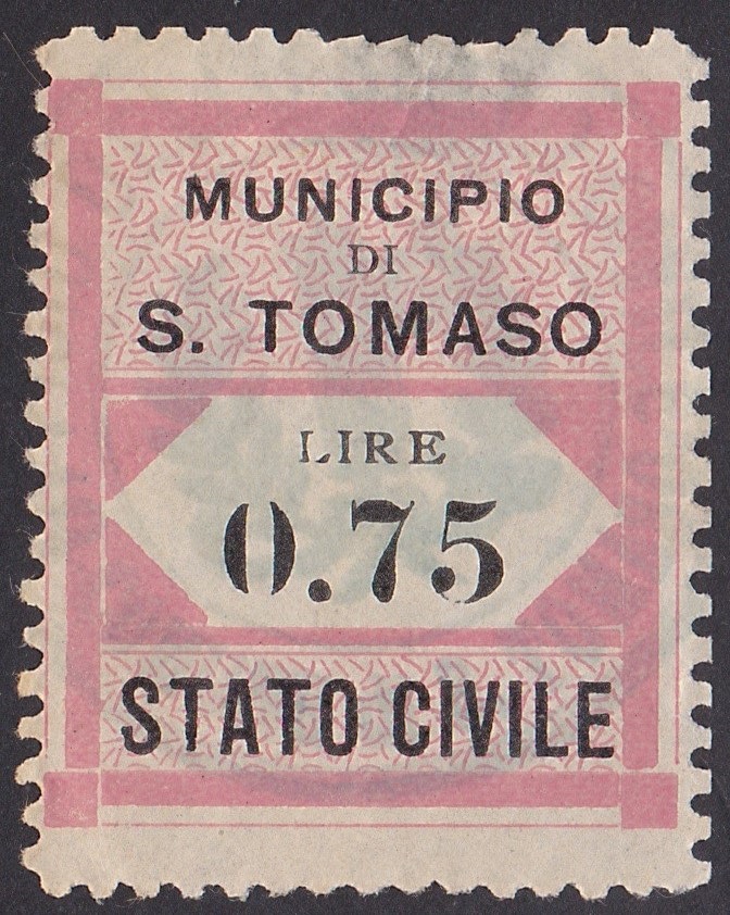 Marca da Bollo del Comune di SAN TOMASO AGORDINO su Carta Bianca di dimensioni 24,5 x 29 mm