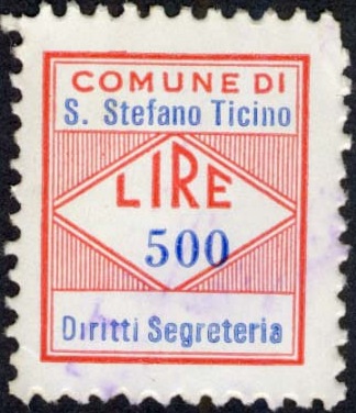 Marca da Bollo del Comune di SANTO STEFANO TICINO su Carta Bianca di dimensioni 11,5 x 20 mm