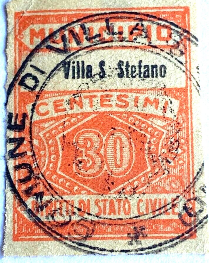 Marca da Bollo del Comune di VILLA SANTO STEFANO su Carta Bianca di dimensioni 22 X 33 mm