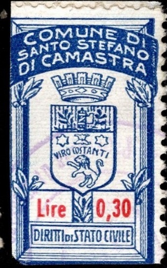 Marca da Bollo del Comune di SANTO STEFANO DI CAMASTRA su Carta Bianca di dimensioni 18 x 31 mm