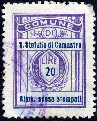 Marca da Bollo del Comune di SANTO STEFANO DI CAMASTRA su Carta Bianca Sottile di dimensioni 20,5 x 27,5 mm