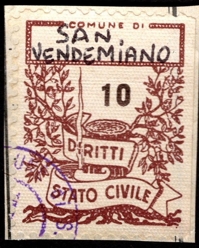 Marca da Bollo del Comune di SAN VENDEMIANO su Carta Bianca di dimensioni 22 x 28 mm