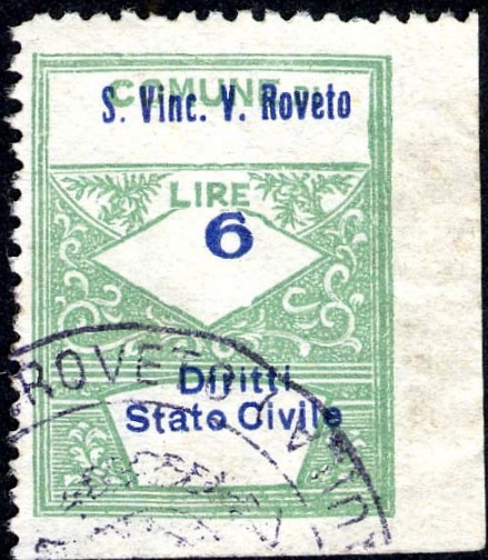 Marca da Bollo del Comune di SAN VINCENZO VALLE ROVETO su Carta Bianca di dimensioni 22,5 x 29 mm