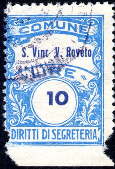 Marca da Bollo del Comune di SAN VINCENZO VALLE ROVETO su Carta Bianca Sottile di dimensioni 22,5 x 29 mm