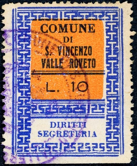 Marca da Bollo del Comune di SAN VINCENZO VALLE ROVETO su Carta Bianca di dimensioni 26,5 x 35,5 mm