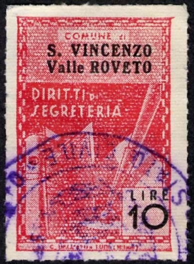 Marca da Bollo del Comune di SAN VINCENZO VALLE ROVETO su Carta Bianca Sottile di dimensioni 21 X 32 mm