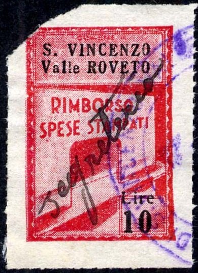 Marca da Bollo del Comune di SAN VINCENZO VALLE ROVETO su Carta Bianca Sottile di dimensioni 19,5 x 28,5 mm