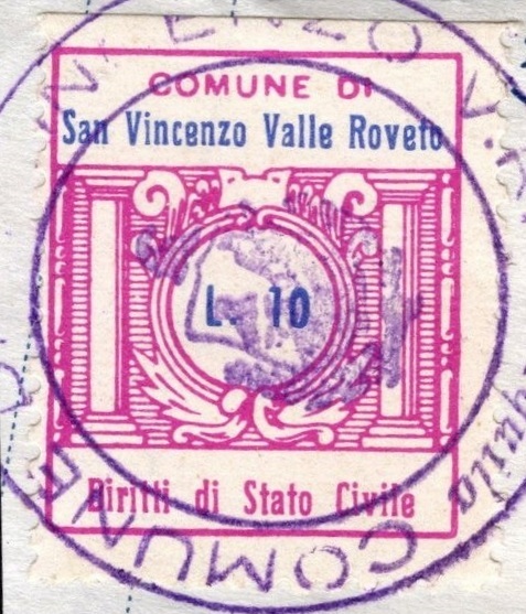 Marca da Bollo del Comune di SAN VINCENZO VALLE ROVETO su Carta Bianca Sottile di dimensioni 20 x 24 mm