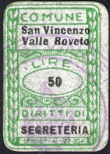 Marca da Bollo del Comune di SAN VINCENZO VALLE ROVETO su Carta Bianca di dimensioni 20 x 30 mm