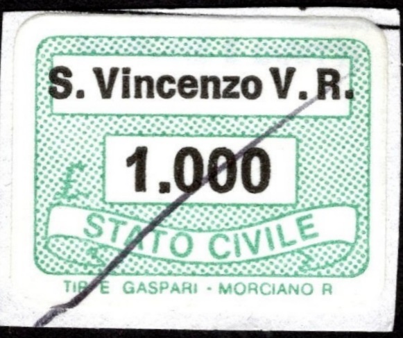 Marca da Bollo del Comune di SAN VINCENZO VALLE ROVETO su Carta Bianca di dimensioni 20 x 14 mm