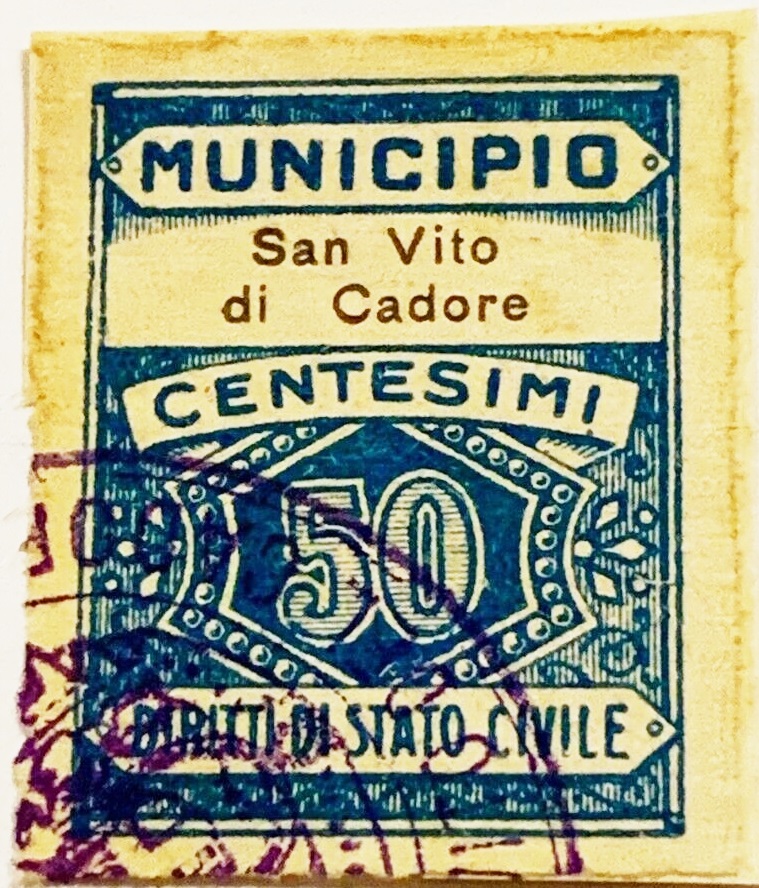 Marca da Bollo del Comune di SAN VITO DI CADORE su Carta Bianca di dimensioni 22 x 29 mm