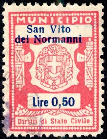 Marca da Bollo del Comune di SAN VITO DEI NORMANNI su Carta Bianca Sottile di dimensioni 20 x 27,5 mm