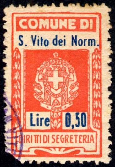 Marca da Bollo del Comune di SAN VITO DEI NORMANNI su Carta Bianca di dimensioni 19 x 30 mm