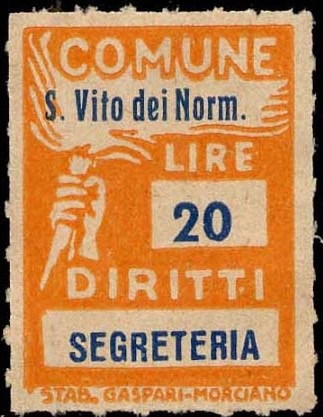 Marca da Bollo del Comune di SAN VITO DEI NORMANNI su Carta Bianca di dimensioni 18,5 x 26 mm