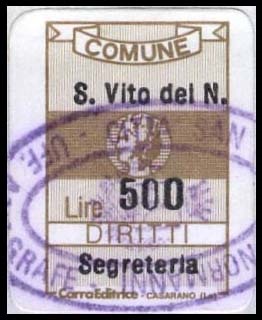 Marca da Bollo del Comune di SAN VITO DEI NORMANNI su Carta Bianca di dimensioni 21 x 25 mm