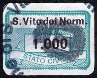 Marca da Bollo del Comune di SAN VITO DEI NORMANNI su Carta Bianca di dimensioni 19 x 14 mm