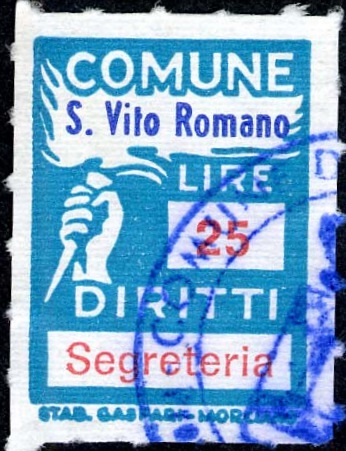 Marca da Bollo del Comune di SAN VITO ROMANO su Carta Bianca di dimensioni 18,5 x 26 mm