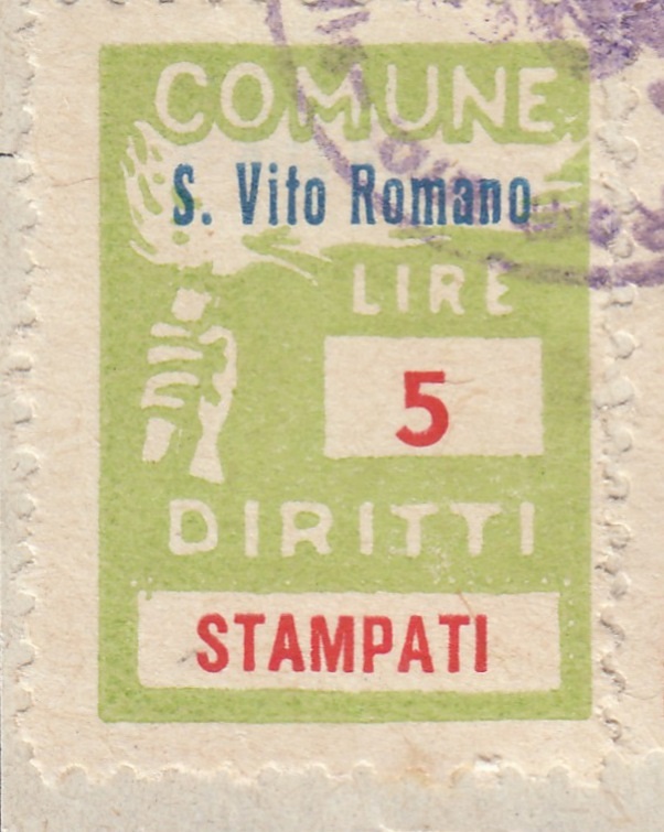 Marca da Bollo del Comune di SAN VITO ROMANO su Carta Bianca di dimensioni 18,5 x 26 mm