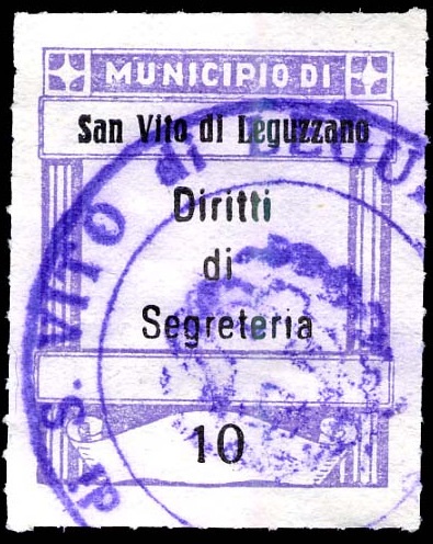 Marca da Bollo del Comune di SAN VITO DI LEGUZZANO su Carta Bianca di dimensioni 22,5 x 28,5 mm