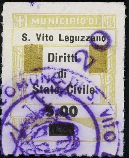 Marca da Bollo del Comune di SAN VITO DI LEGUZZANO su Carta Bianca di dimensioni 25 x 30,5 mm
