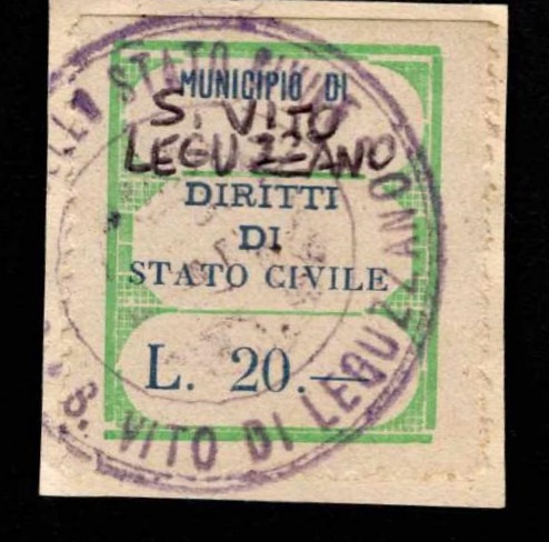 Marca da Bollo del Comune di SAN VITO DI LEGUZZANO su Carta Bianca di dimensioni 28 x 35 mm