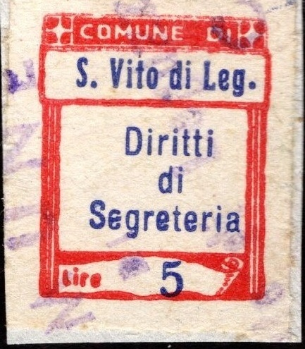 Marca da Bollo del Comune di SAN VITO DI LEGUZZANO su Carta Bianca di dimensioni 21 x 29 mm