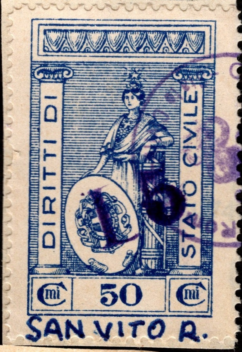 Marca da Bollo del Comune di SAN VITO AL TORRE su Carta Bianca di dimensioni 22 x 34 mm
