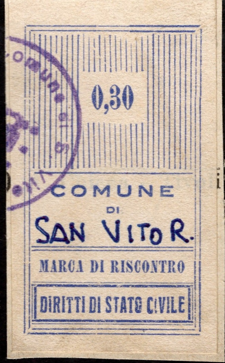 Marca da Bollo del Comune di SAN VITO AL TORRE su Carta Bianca di dimensioni 22 x 34 mm