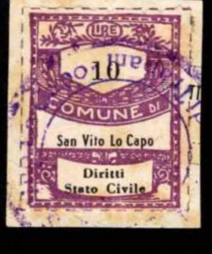 Marca da Bollo del Comune di SAN VITO LO CAPO su Carta Bianca di dimensioni 22 x 29 mm