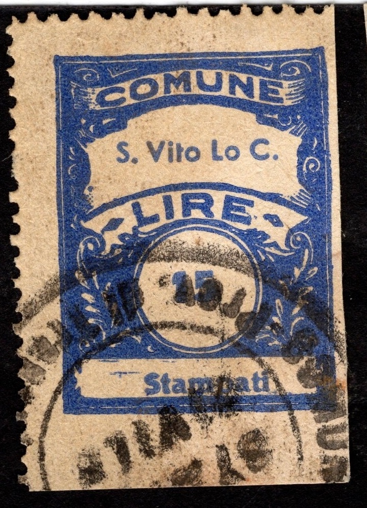 Marca da Bollo del Comune di SAN VITO LO CAPO su Carta Bianca di dimensioni 22 x 29 mm
