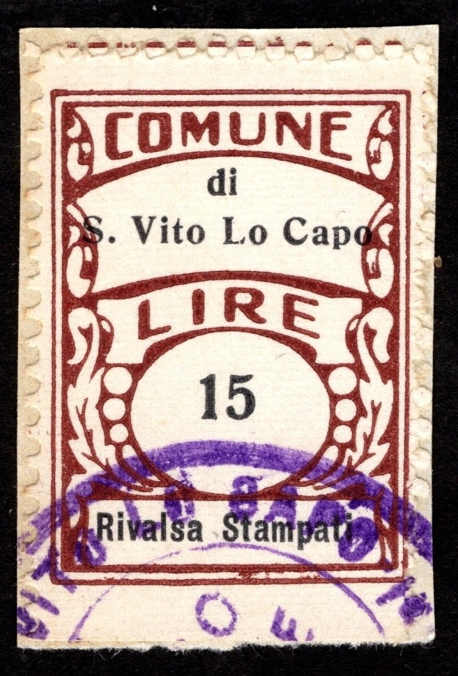 Marca da Bollo del Comune di SAN VITO LO CAPO su Carta Bianca di dimensioni 21 X 27 mm