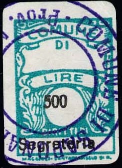 Marca da Bollo del Comune di SAPONARA su Carta Bianca di dimensioni 18 x 27,5 mm