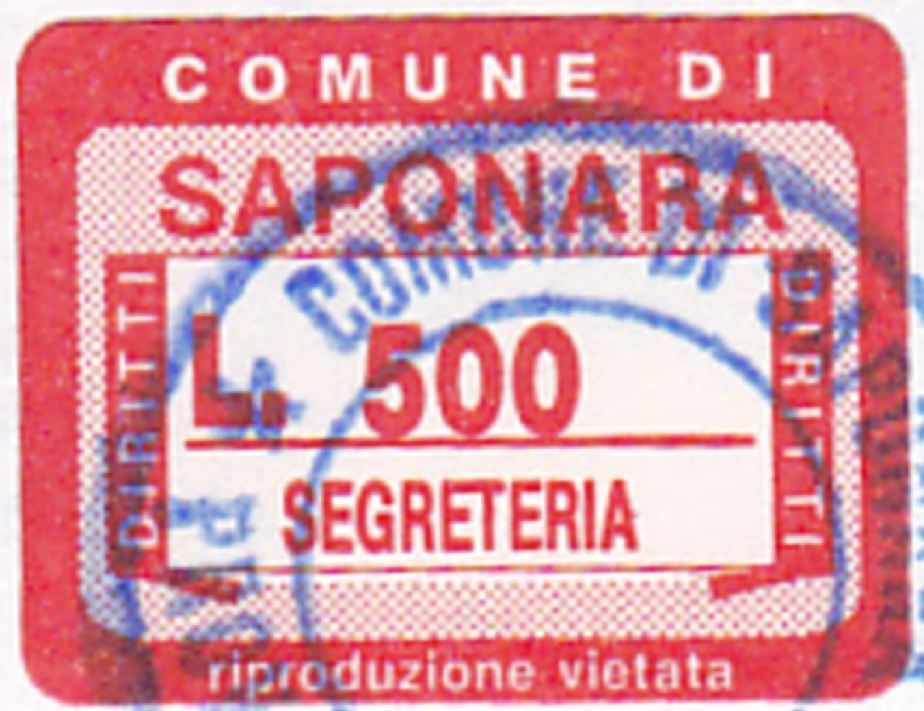 Marca da Bollo del Comune di SAPONARA su Carta Bianca di dimensioni 20 x 14,5 mm