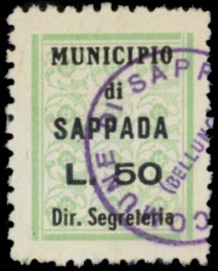 Marca da Bollo del Comune di SAPPADA su Carta Bianca di dimensioni 22 x 29 mm