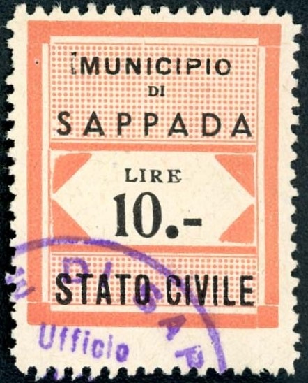 Marca da Bollo del Comune di SAPPADA su Carta Bianca di dimensioni 22 x 29 mm