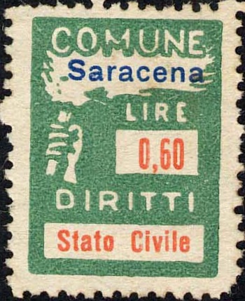 Marca da Bollo del Comune di SARACENA su Carta Bianca di dimensioni 18,5 x 26 mm