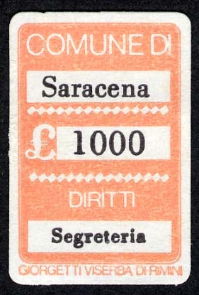 Marca da Bollo del Comune di SARACENA su Carta Bianca di dimensioni 16 x 25 mm