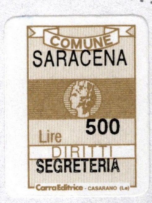 Marca da Bollo del Comune di SARACENA su Carta Bianca di dimensioni 16 x 25 mm