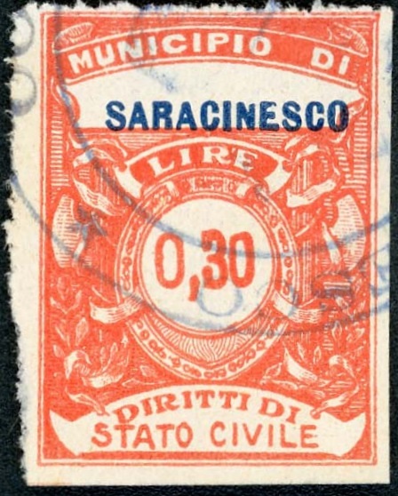 Marca da Bollo del Comune di SARACINESCO su Carta Bianca Sottile di dimensioni 25,5 x 34 mm