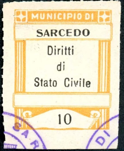 Marca da Bollo del Comune di SARCEDO su Carta Bianca di dimensioni 20 x 25 mm