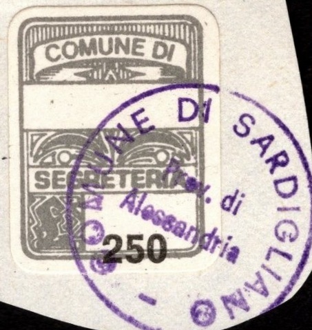 Marca da Bollo del Comune di SARDIGLIANO su Carta Bianca di dimensioni 15 x 22 mm