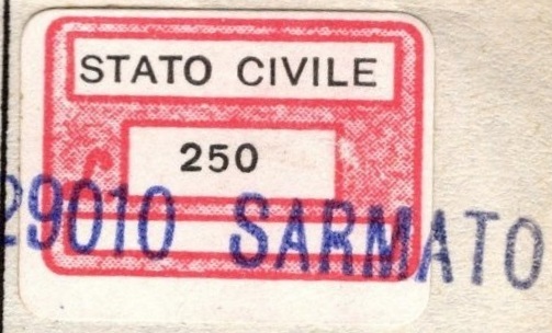 Marca da Bollo del Comune di SARMATO su Carta Bianca di dimensioni 20 x 14 mm