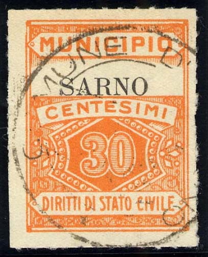 Marca da Bollo del Comune di SARNO su Carta Bianca Sottile di dimensioni 22 x 29 mm