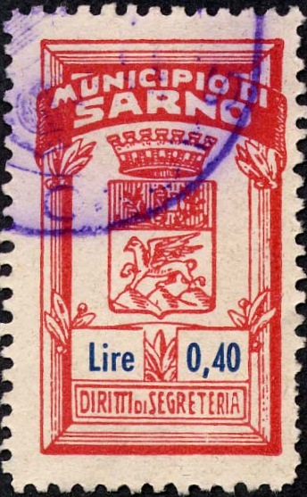 Marca da Bollo del Comune di SARNO su Carta Bianca Sottile di dimensioni 19 x 31,5 mm