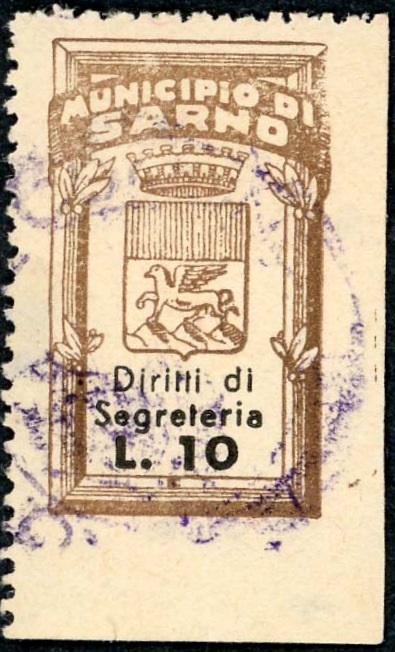 Marca da Bollo del Comune di SARNO su Carta Bianca Sottile di dimensioni 19 x 31 mm