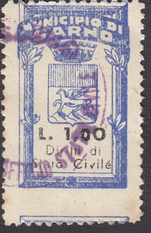 Marca da Bollo del Comune di SARNO su Carta Bianca Sottile di dimensioni 19 x 31 mm