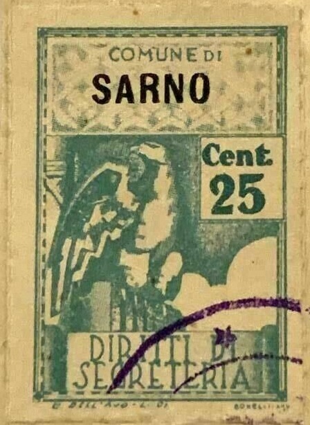 Marca da Bollo del Comune di SARNO su Carta Bianca Sottile di dimensioni 21 X 32 mm