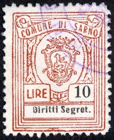 Marca da Bollo del Comune di SARNO su Carta Bianca di dimensioni 20,5 x 26 mm