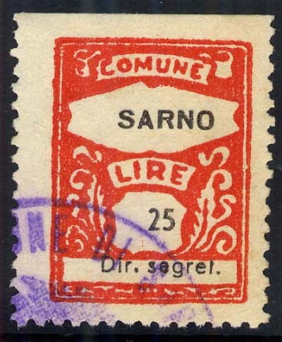 Marca da Bollo del Comune di SARNO su Carta Bianca Sottile di dimensioni 19,5 x 26,5 mm